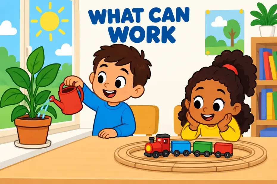 Cartoon pupils water a sturdy classroom plant beside a working model train, showing viable in a sentence as able to keep going.