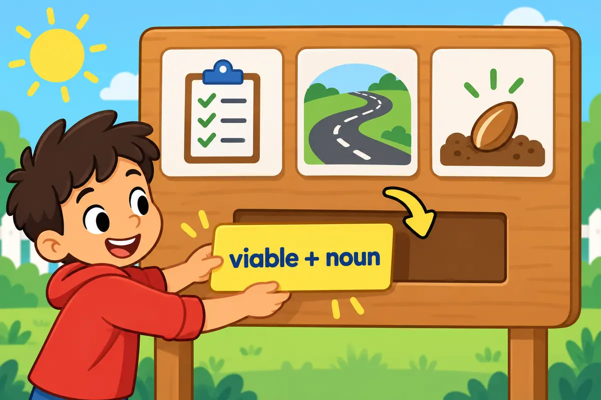 A cartoon builder slots the word viable in front of cards showing a plan, a route and a seed.