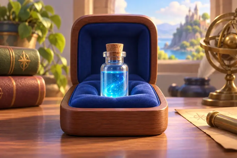 A small glass vial rests upright in a padded holder.