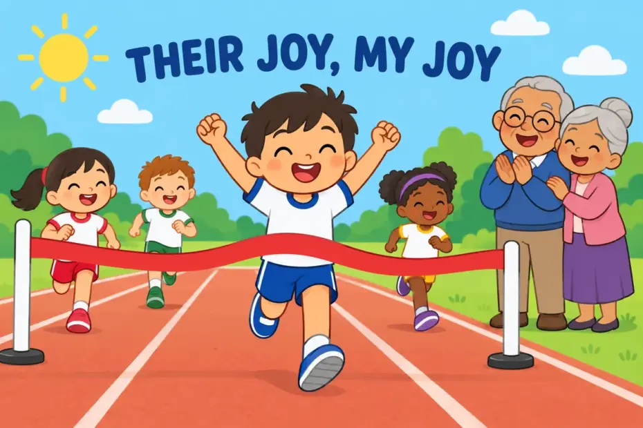 Cartoon grandparents cheer a child’s race from the sidelines, showing vicarious in a sentence as shared secondhand joy.