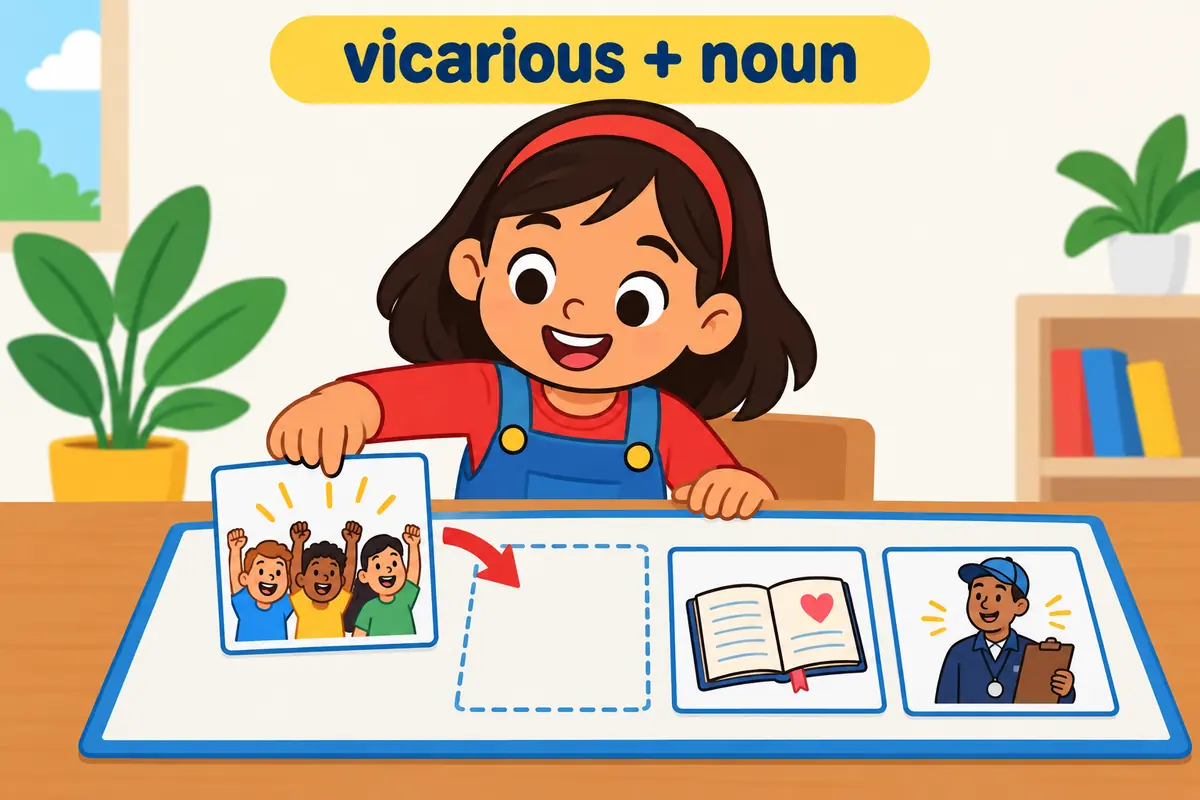 Three cartoon cards show a cheering crowd, a diary and a manager linked to the label vicarious plus noun.