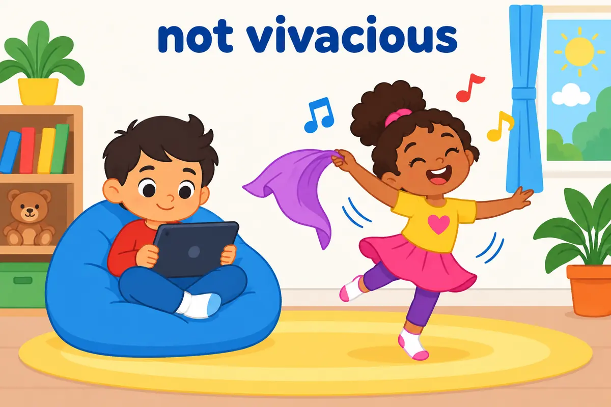 A cartoon single scene contrasts a quiet child watching a screen on one side with an energetic child dancing on the other.