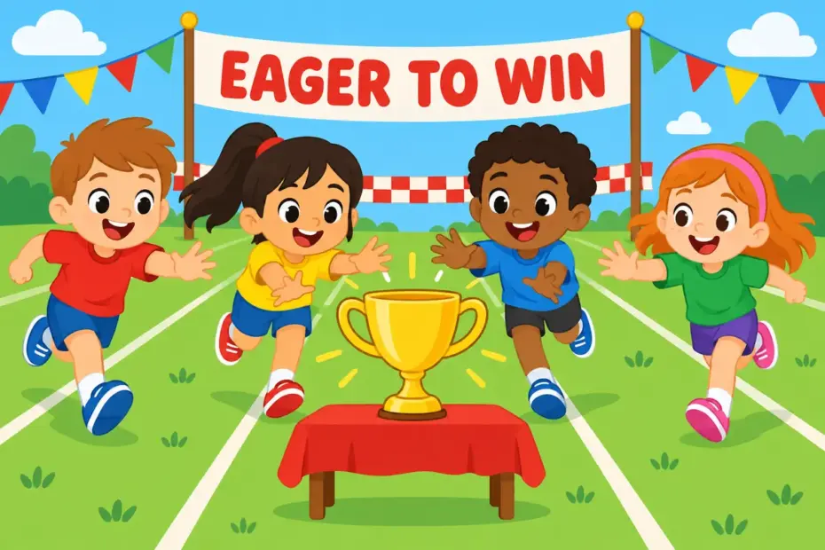 Cartoon children race toward a single trophy, illustrating vie for in a sentence as eager competition.