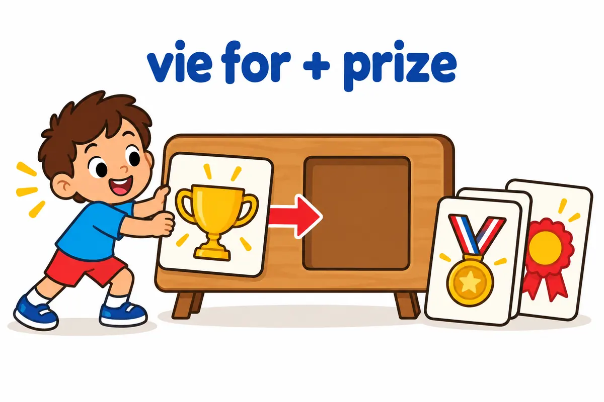 A cartoon child slides a picture of a golden cup into the only slot after the words vie for on a wide board.