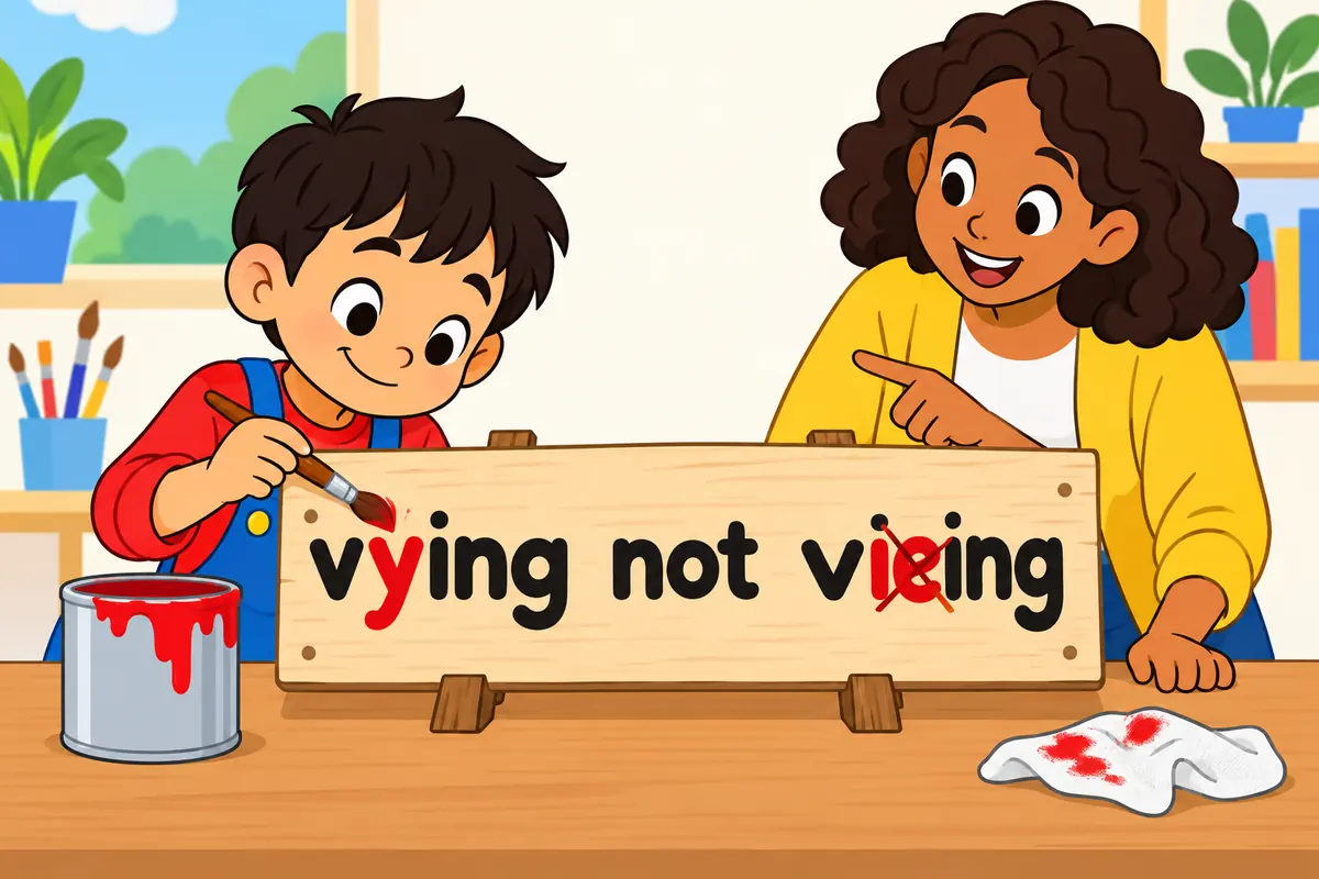 A cartoon child paints the letters of a word on a sign, changing the letters i and e into a single letter y.
