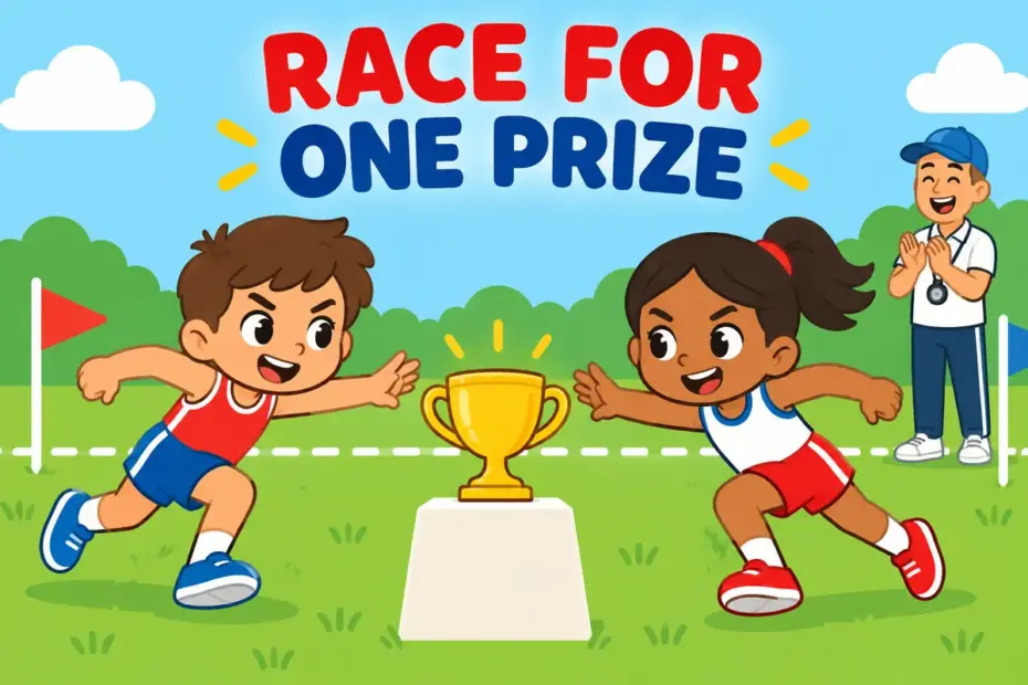 Two cartoon children reach together for a single gold cup, showing vie in a sentence as competing for one prize.
