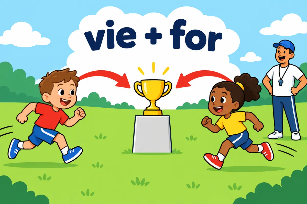 Two cartoon runners reach for a single gold cup while the word for links each runner to the prize.