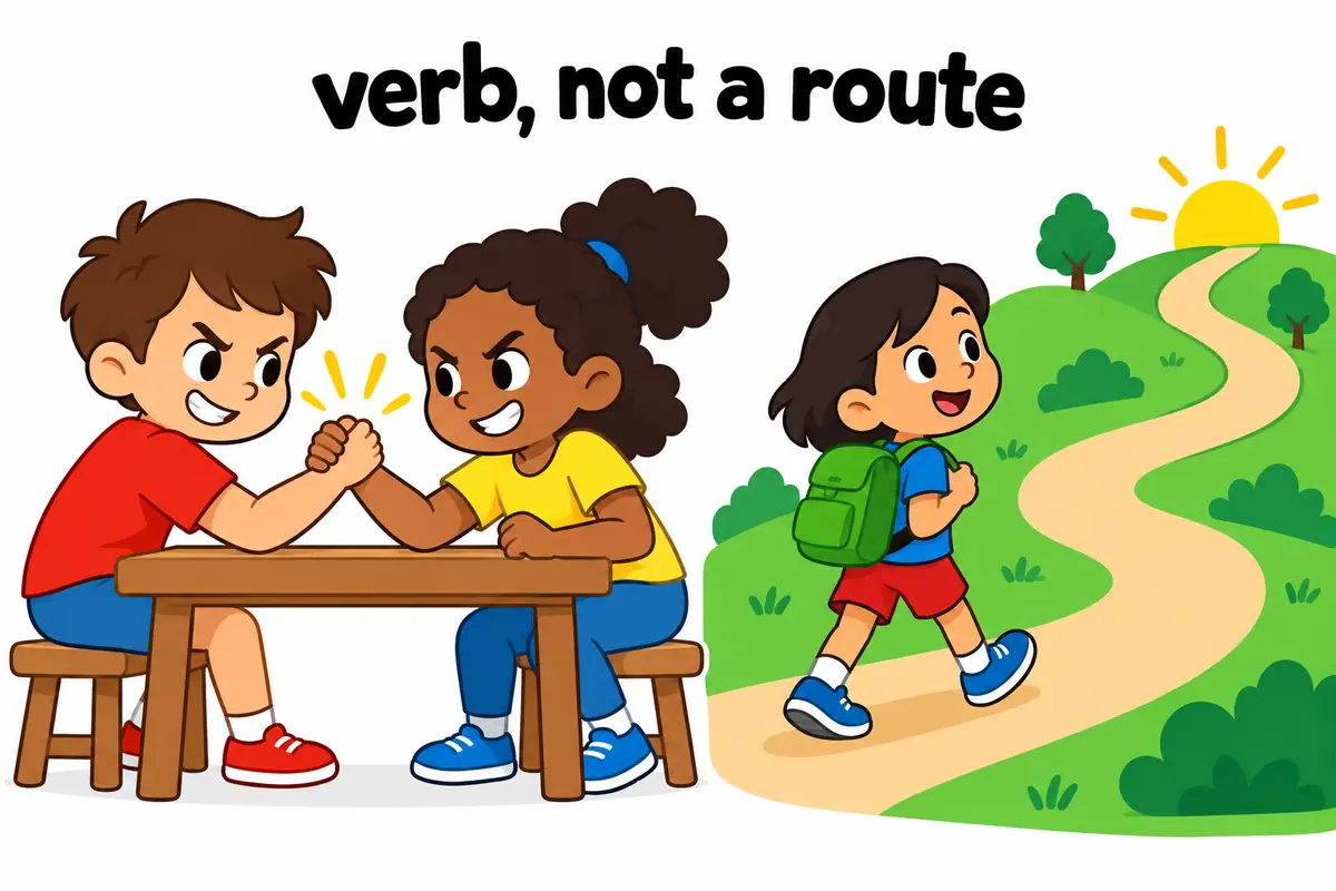 One unified cartoon scene illustrates Vie is a verb for rivalry; via is a preposition for routes.