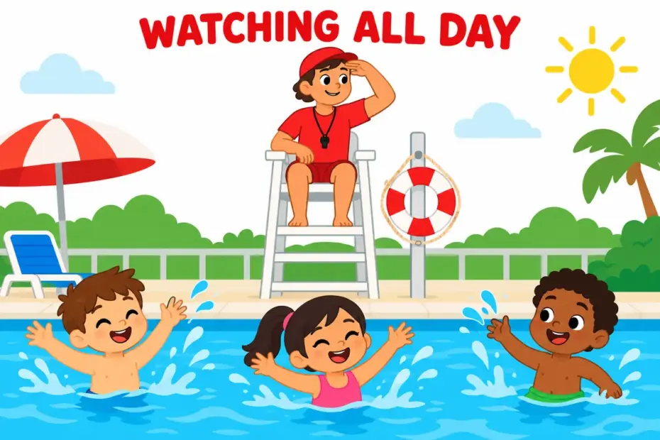 A cartoon lifeguard scans the pool while children swim, showing vigilant in a sentence as a sustained watch.