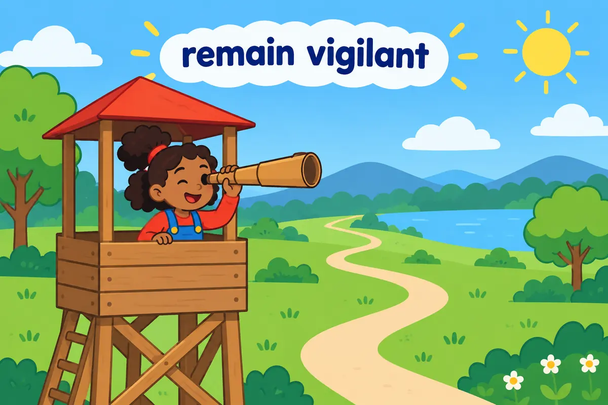 A cartoon guard keeps watch from a tower with a telescope, showing the pattern remain vigilant in a sentence.