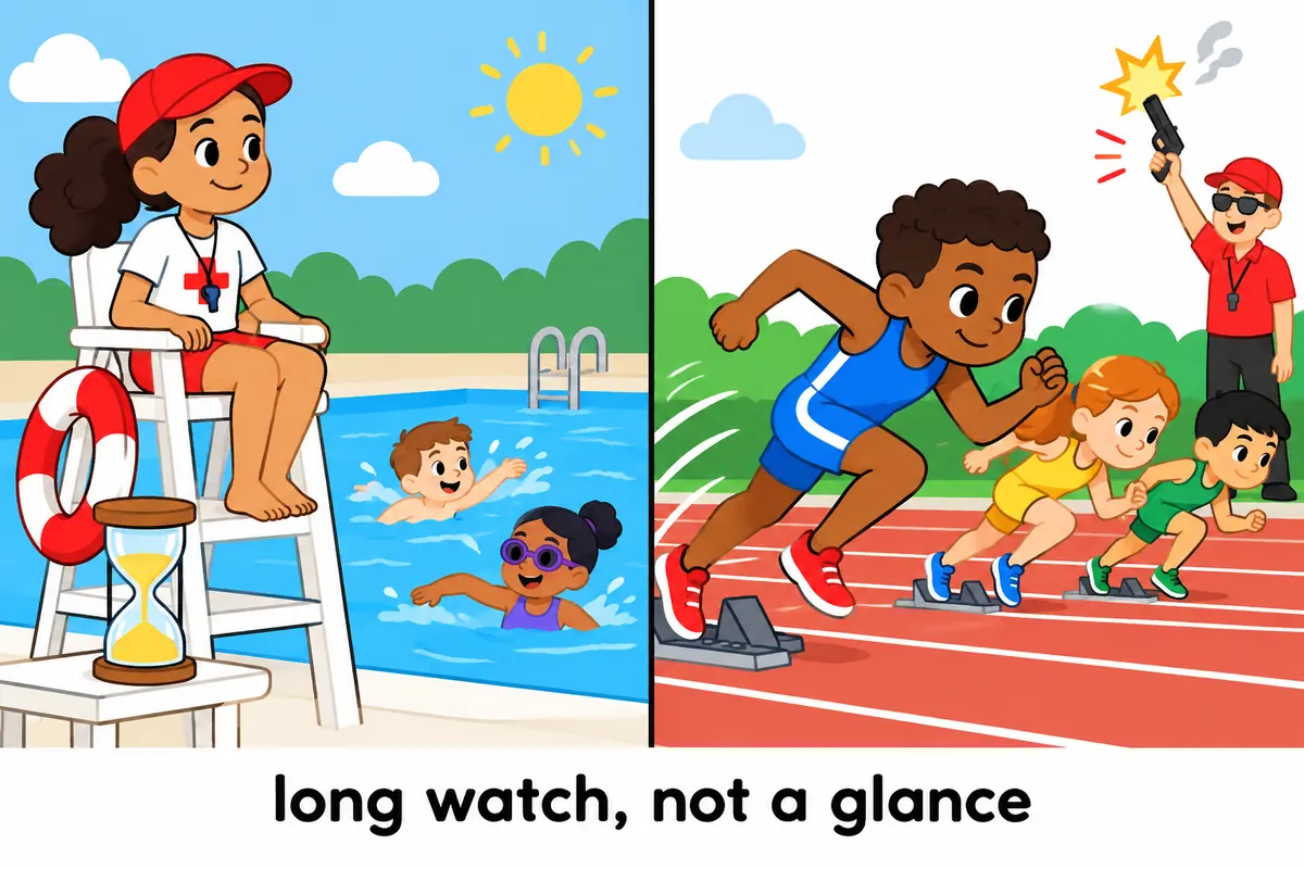 A cartoon split scene contrasts a lifeguard watching a pool with a sprinter reacting at a starting gun, showing vigilant is not alert.