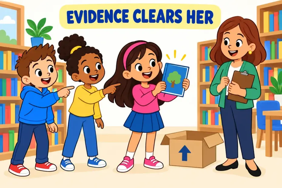 Cartoon pupils show a teacher a found library book, illustrating vindicate in a sentence as clearing blame with proof.