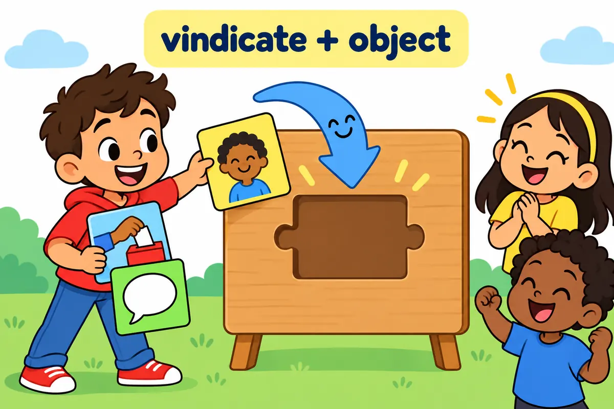Three cartoon cards show a person, a decision and a claim slotting into the object slot after the verb vindicate.