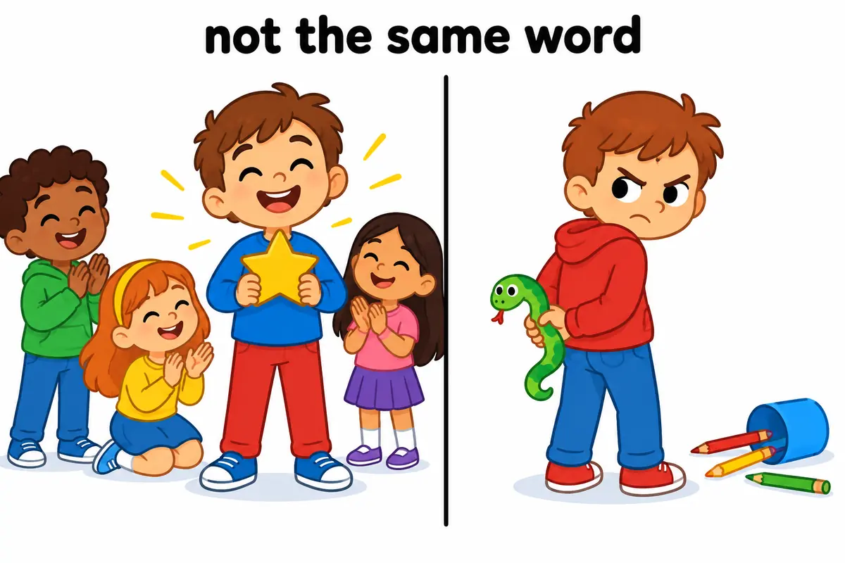 A cartoon split scene contrasts a cleared and relieved child with a scowling child plotting revenge.