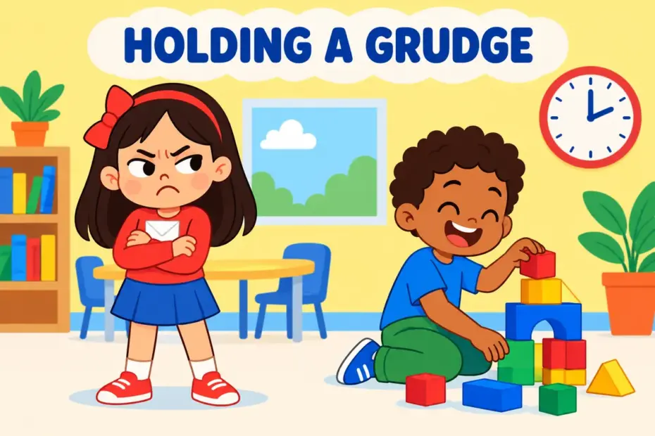 Cartoon girl clutches an old note with a fixed frown while a classmate smiles, showing vindictive in a sentence.