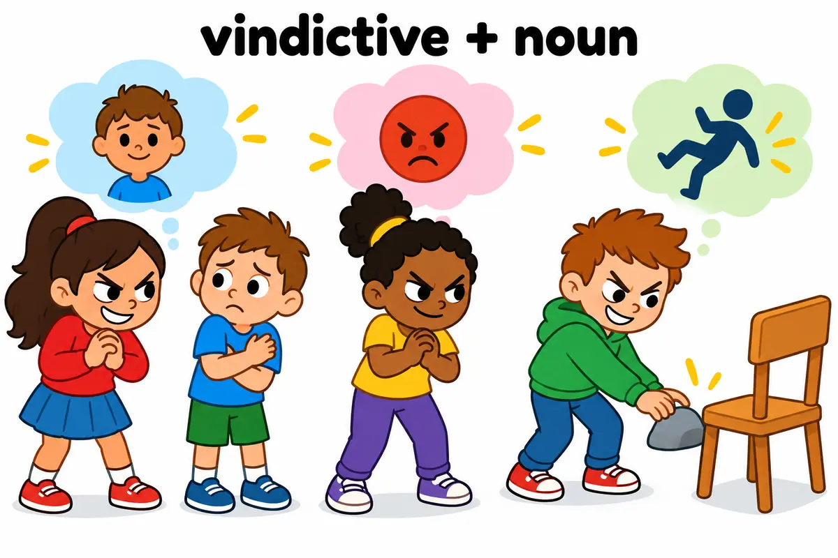 One unified cartoon scene illustrates The adjective slots in before a person, a mood or an act, and never takes an object.