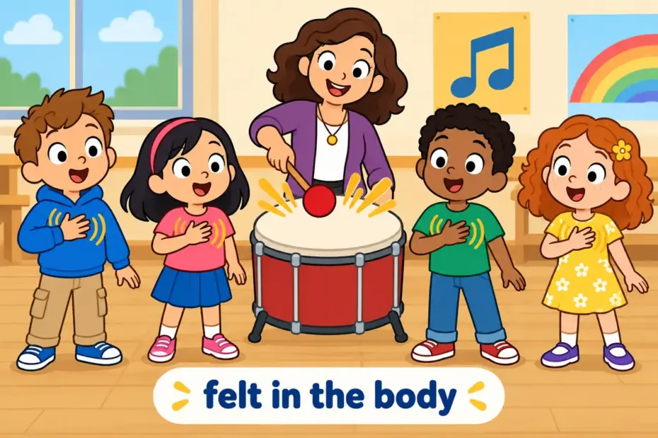 Cartoon children clasp their chests as a sudden drumbeat sounds, showing visceral in a sentence as a reaction felt in the body.