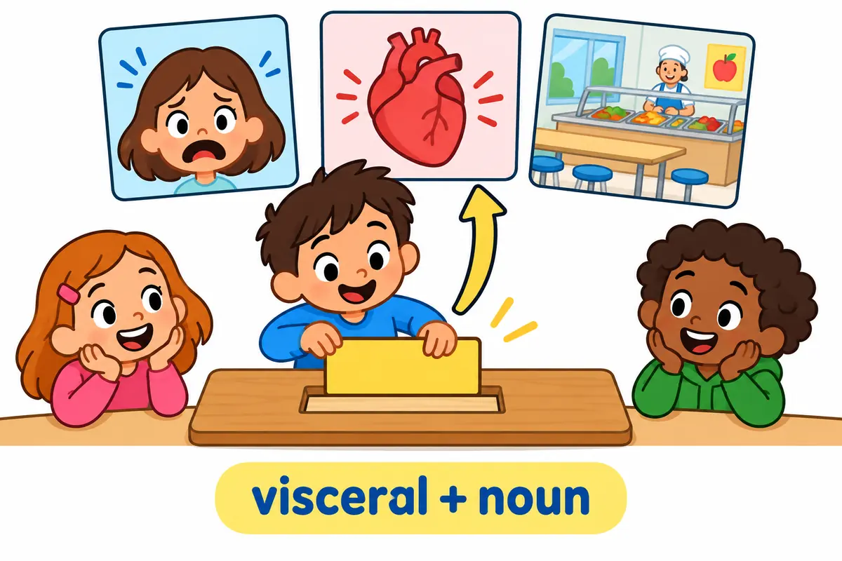 A cartoon child places a word card in front of three picture cards showing a frightened face, a beating heart and a school canteen.