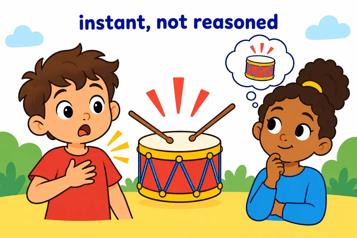 A bodily reaction arrives instantly, while a considered emotional response takes time.