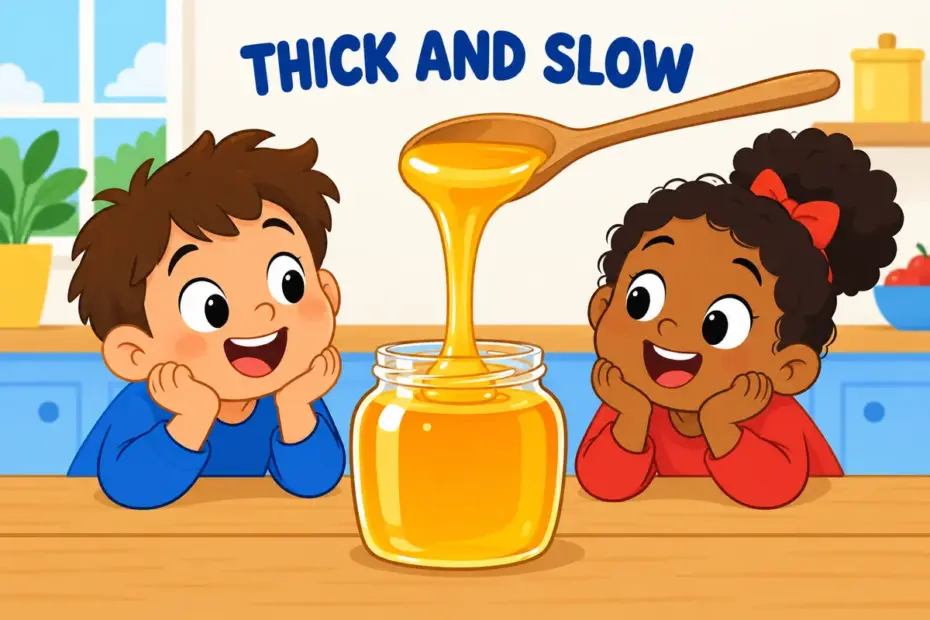 Cartoon children watch honey drip slowly from a spoon, illustrating viscous in a sentence as a thick, slow-flowing liquid.