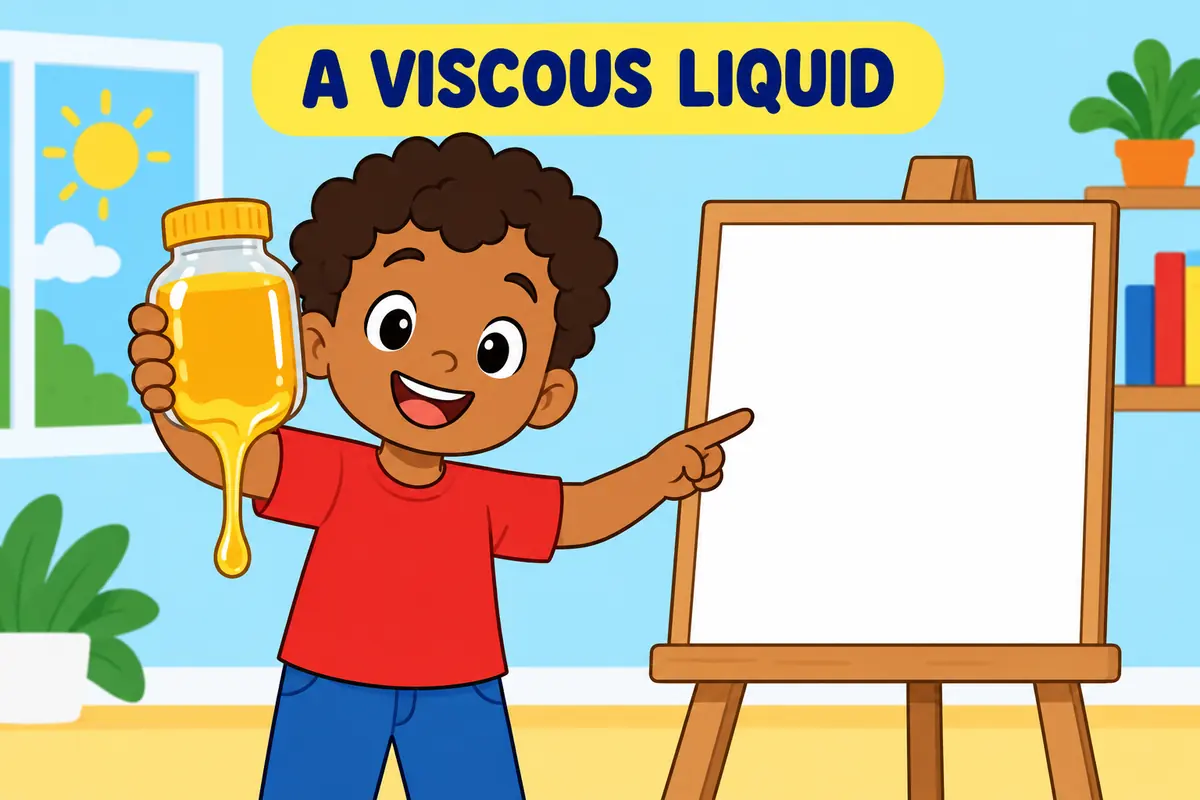 A cartoon child holds a bottle of thick liquid beside a sign card, showing that viscous sits before the fluid it describes.