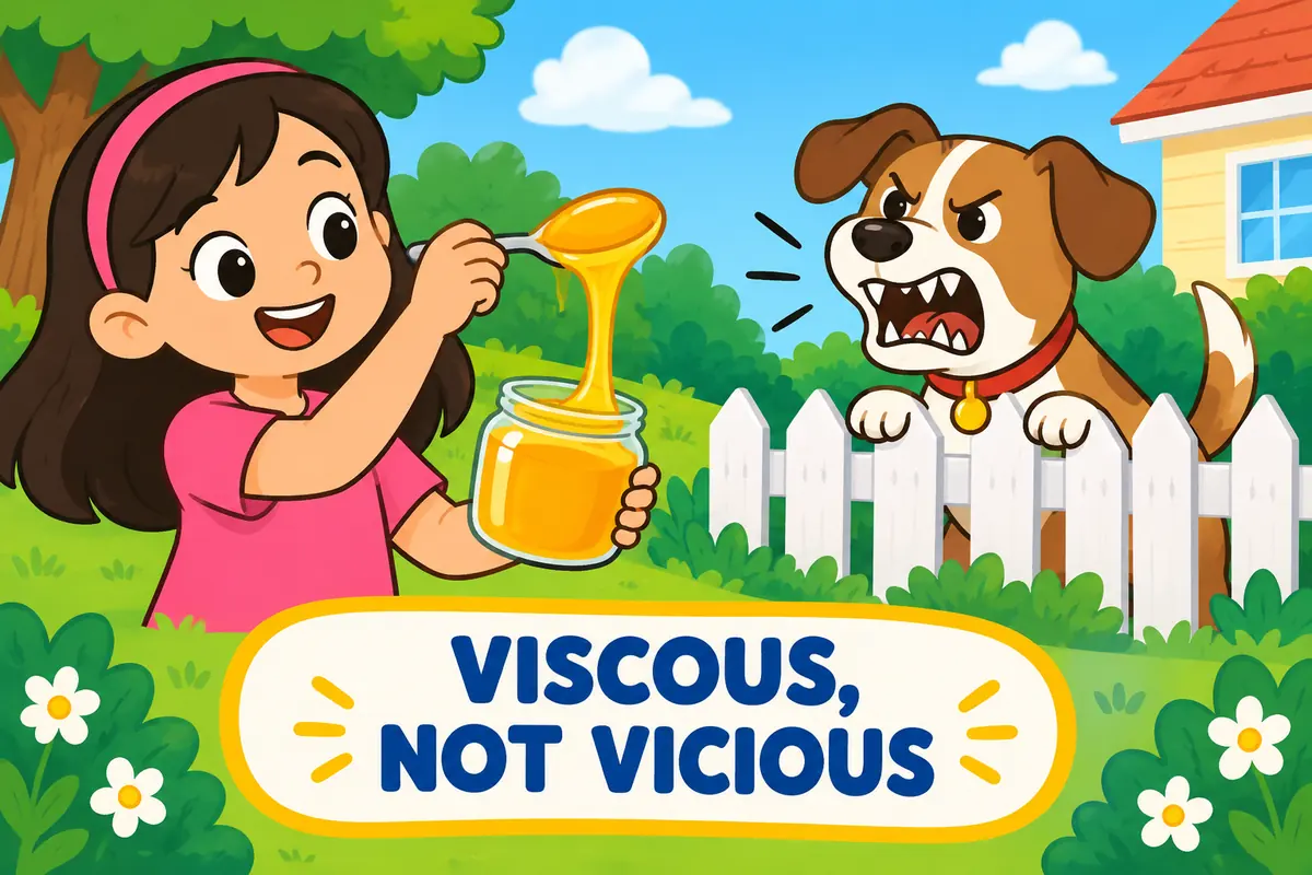 A single unified cartoon scene contrasts a spoon of thick honey with a growling cartoon dog behind a fence.