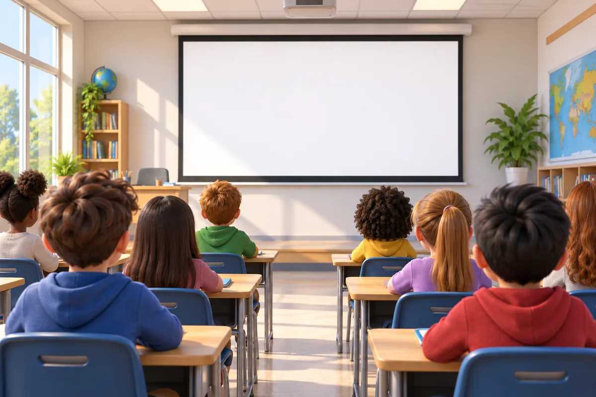 A student at the back of a classroom can clearly see a large blank presentation screen.