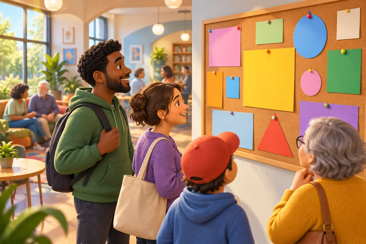 A colorful community notice board helps visitors notice a local event display.