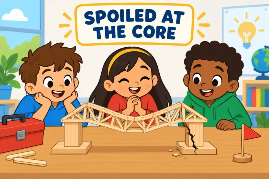 Cartoon children watch a cracked model bridge sag in the middle, showing vitiate in a sentence as spoiling something at its core.