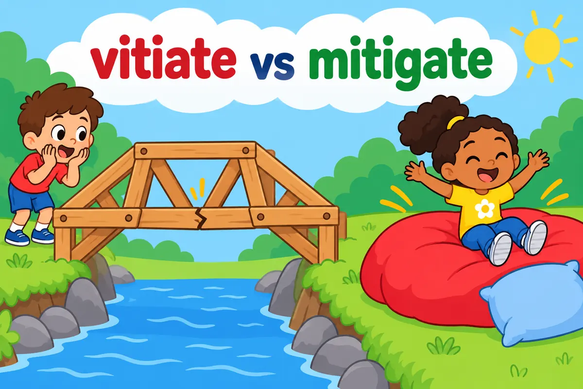 A single cartoon scene contrasts a cracked bridge model nearby with a soft cushion easing a fall on the other.
