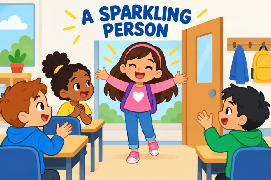 Cartoon girl with a bright smile and open arms greets classmates at a doorway, showing vivacious in a sentence.