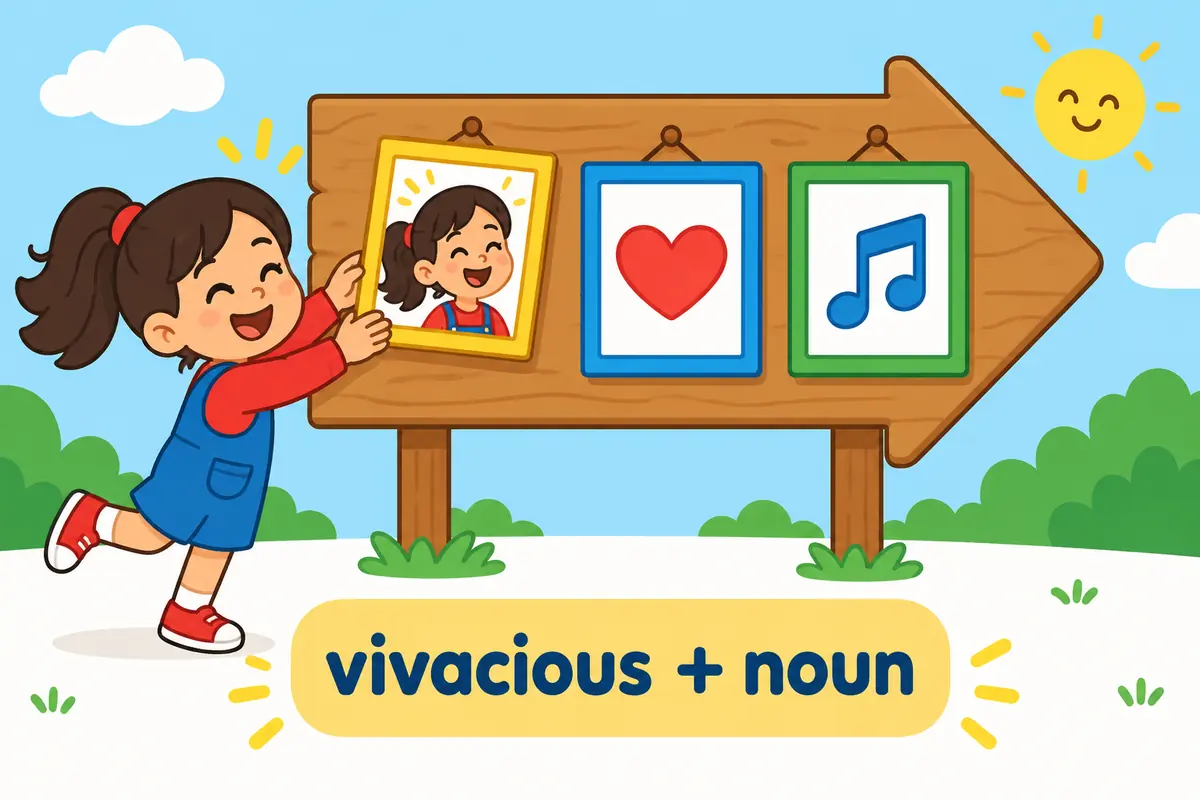 Cartoon girl gestures warmly as she welcomes a group, showing how vivacious sits before the noun it praises.