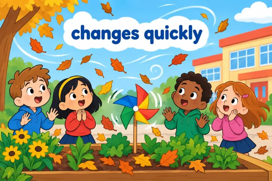 A gust scatters dry leaves and changes direction, illustrating volatile in a sentence as unpredictable change.