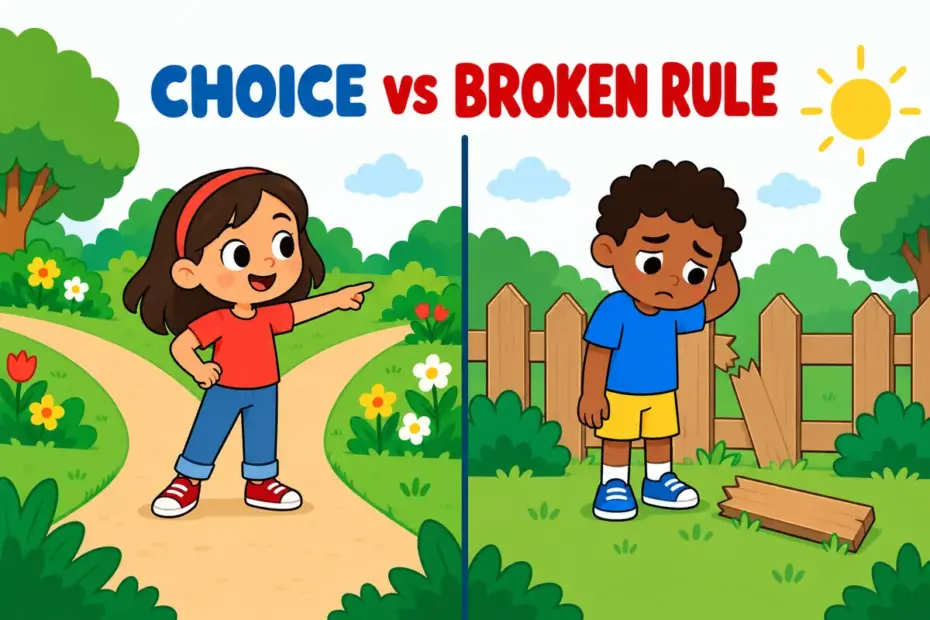 Cartoon split scene shows a child choosing freely beside a broken fence, illustrating volition vs violation in a sentence.