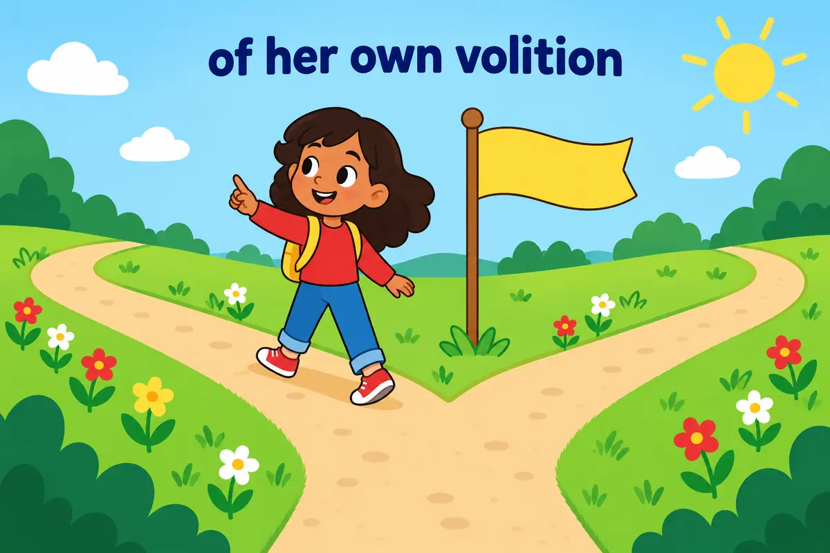A cheerful cartoon child stands at a fork in a path and freely chooses one route while a small banner marks the choice.