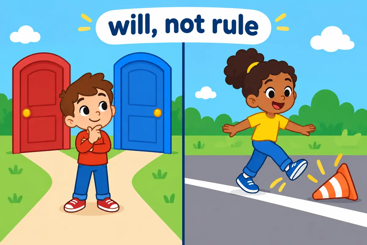 A cartoon split scene contrasts a child freely choosing a path with a child stepping over a painted line that marks a rule.