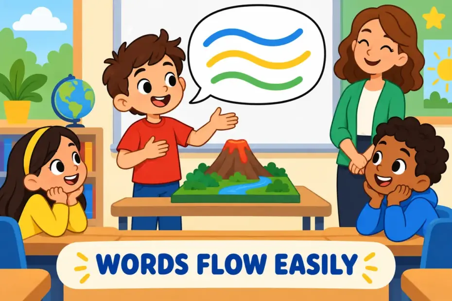 Cartoon child talks happily at show and tell while classmates listen, illustrating voluble in a sentence as fluent speech.