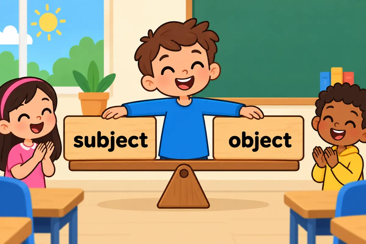 A cartoon child balances two signboards on a see saw, showing the adjective voluble taking about or on before a subject.