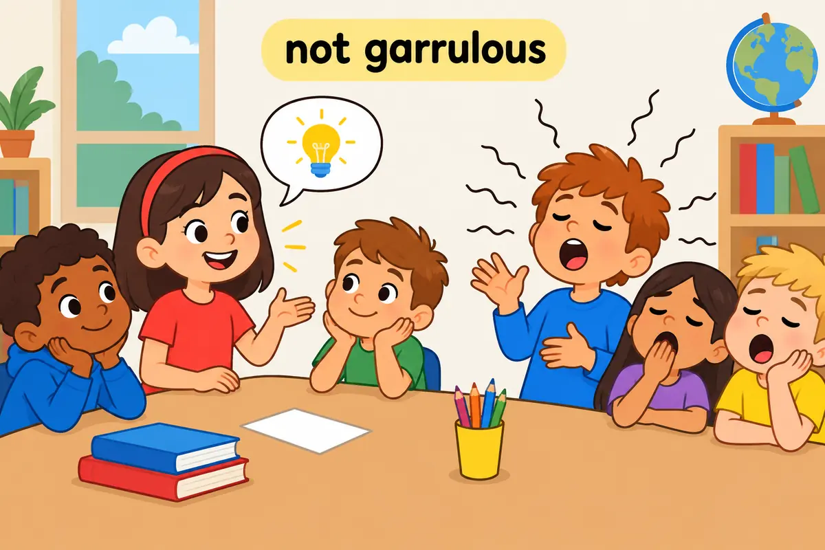A single unified cartoon scene shows a fluent child speaking with a friendly speech bubble and another rambling on while listeners yawn.