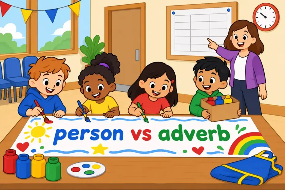 Cartoon children painting a community banner, showing volunteer vs voluntarily as a person or act beside an adverb of manner.