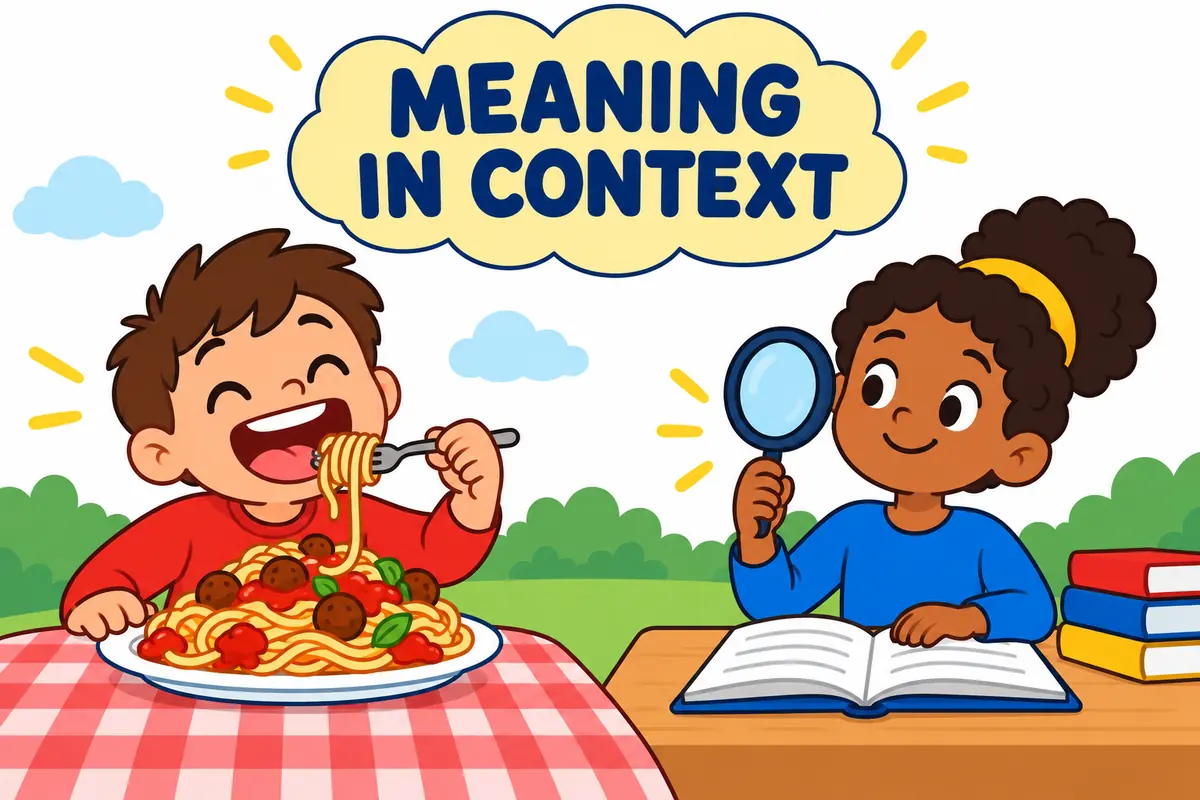 Cartoon example illustrating voracious vs veracity in a sentence and its meaning.