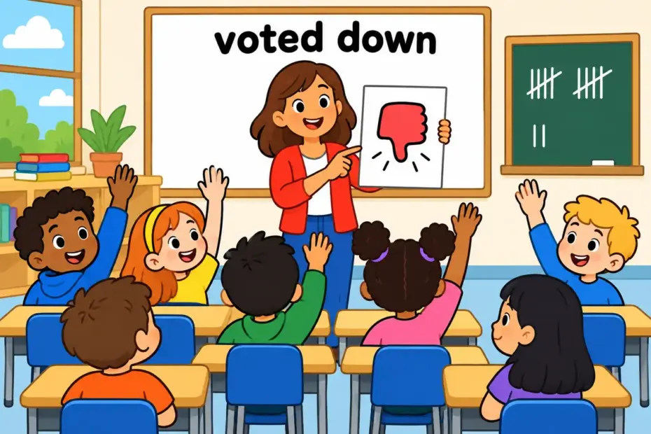 A cartoon class raises hands to reject a poster plan on a board, showing vote down in a sentence as a majority decision.