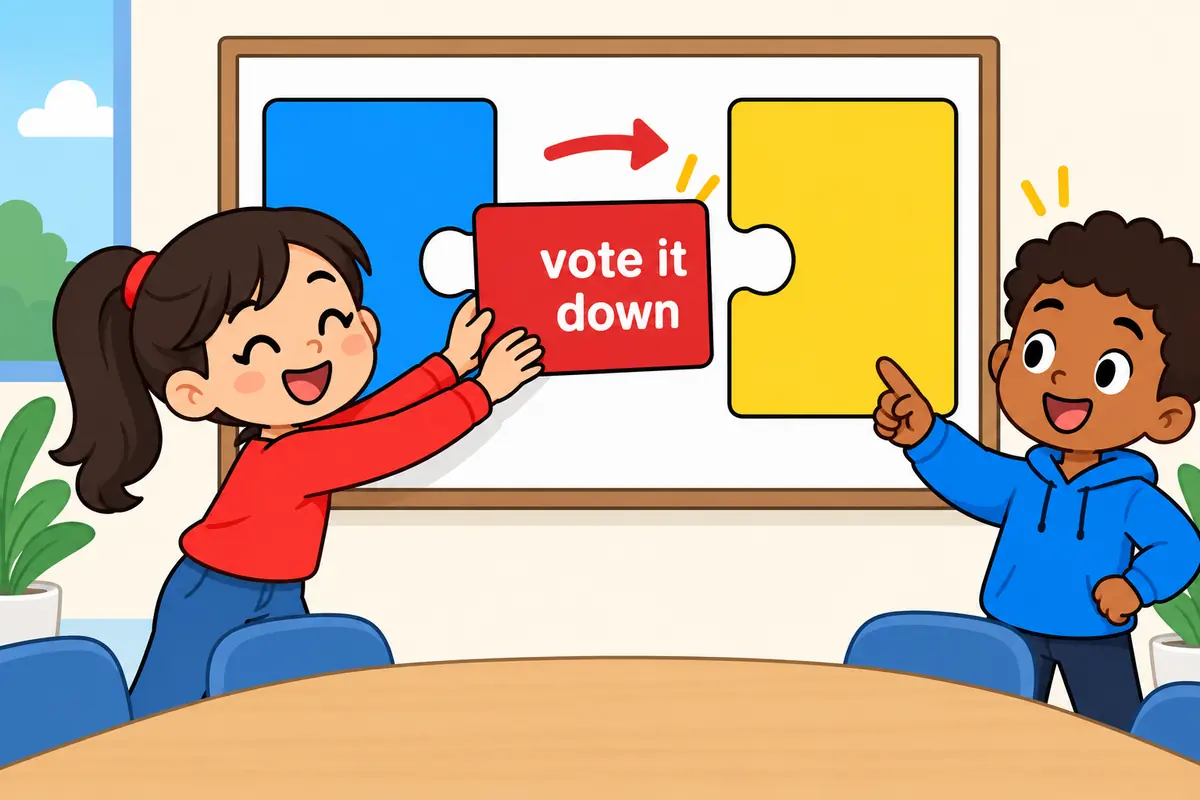 A cartoon child slots a pronoun card labelled it between the words vote and down on a chart.