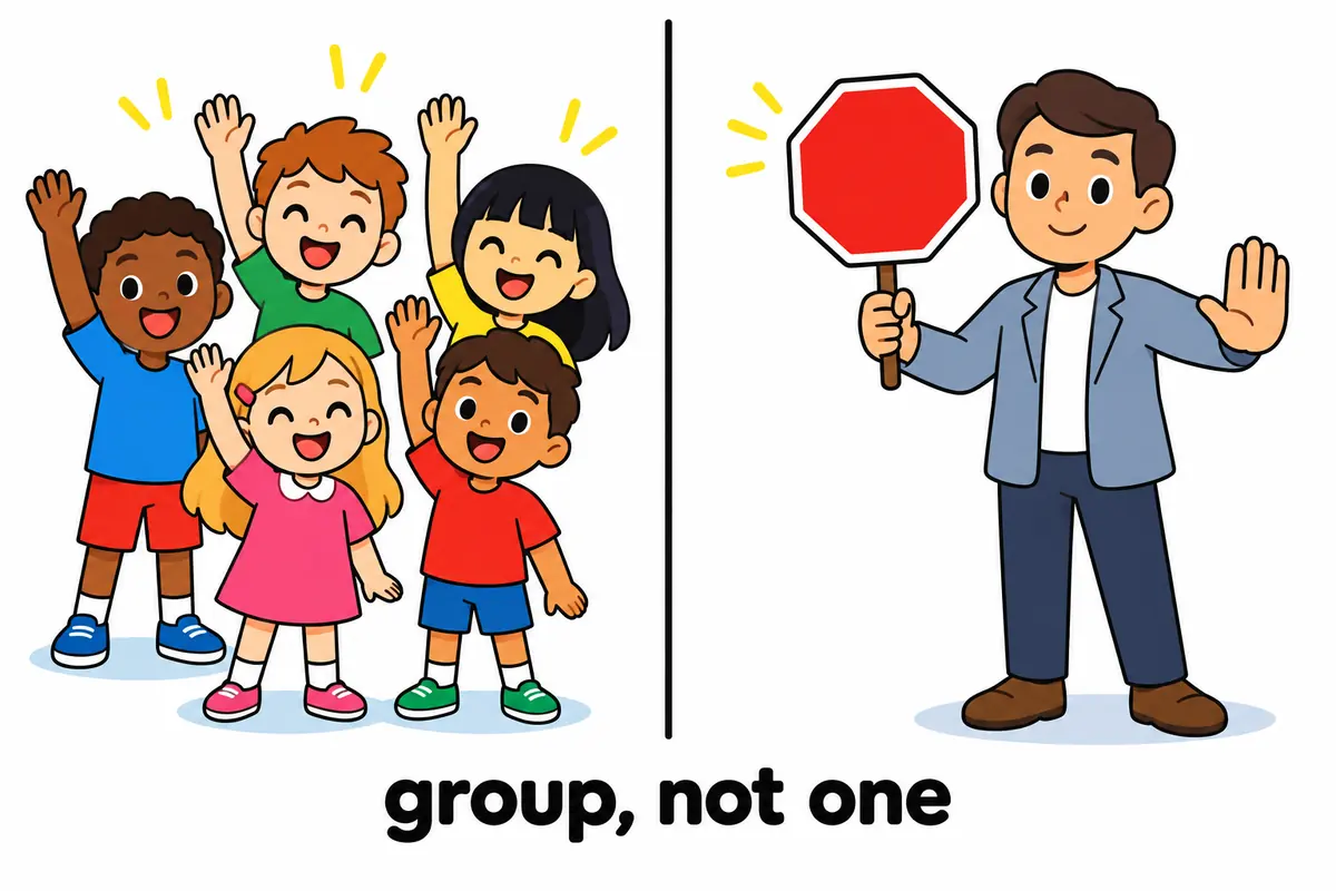 A cartoon split scene shows a group raising hands to reject a plan while a single official holds a large stop sign.