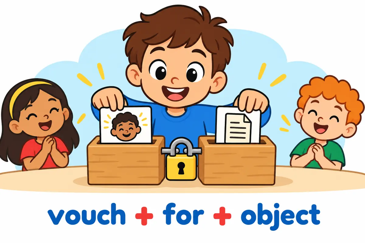 Cartoon word blocks show the verb and the preposition locked together while a picture card of a person and a document slot in after them.