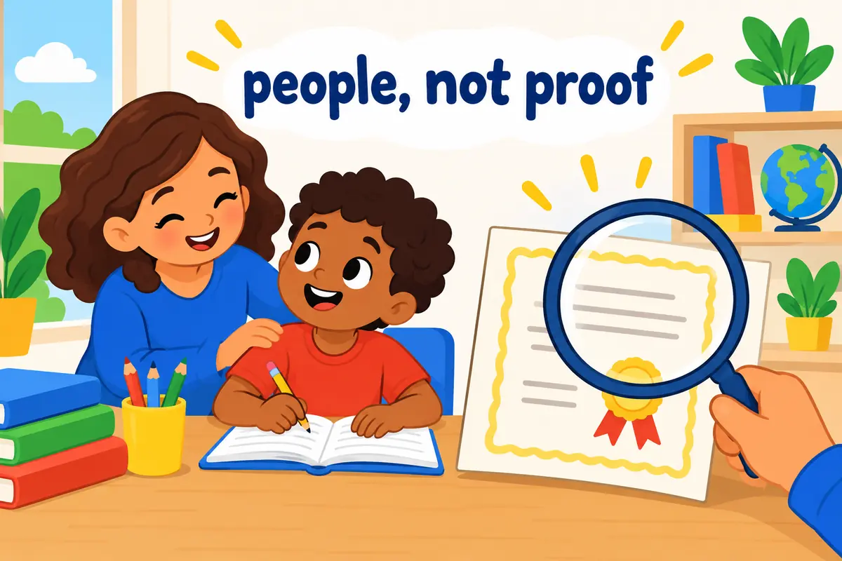 A cartoon scene splits between a mentor supporting a pupil and a magnifying glass checking a certificate.
