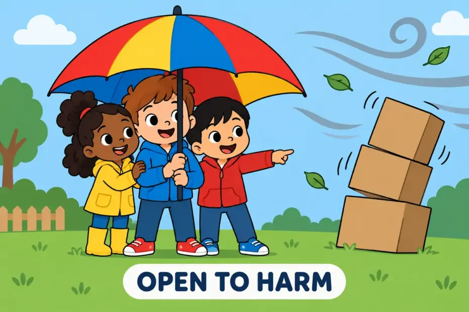 Pupils stand under one umbrella beside wind-bent cardboard boxes, showing vulnerable as being open to harm.