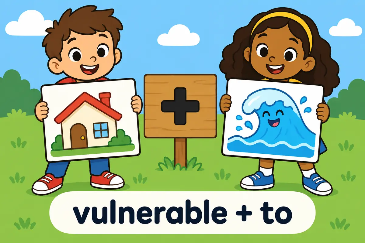 Children hold cards showing a house and a blue wave with a plus sign between them, illustrating the vulnerable + to pattern.