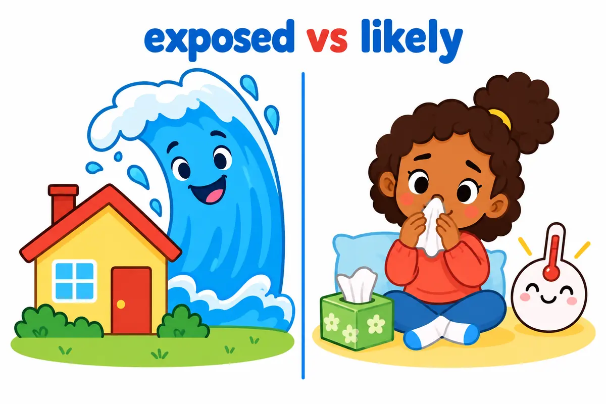 A cartoon split scene contrasts a house facing a big wave with a child beside a tissue box and a thermometer.