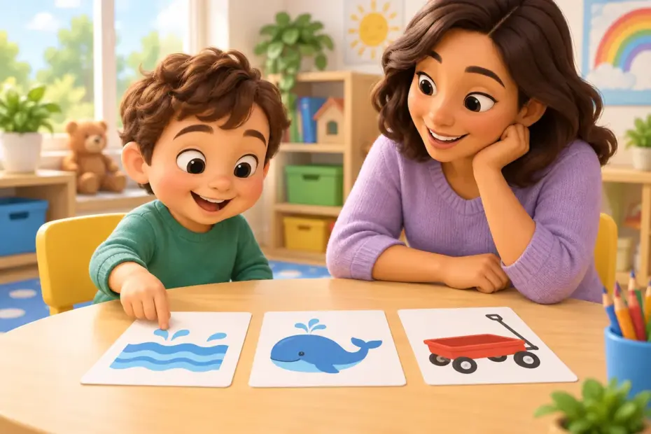 A child matches picture cards showing water, a whale, and a wagon.
